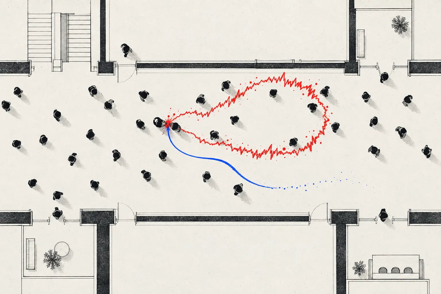 위에서 내려다본 복도에서 어깨가 부딪친 지점으로부터 빨간 고리 경로와 파란 사라지는 경로가 갈라지는 평면도.
